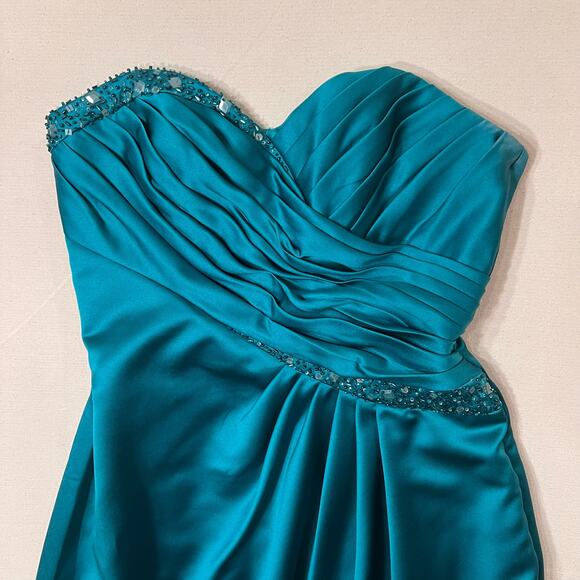 David's Bridal Satin A Line Draped Gown Beaded Neckline Strapless Turquoise - Picture 6 of 13